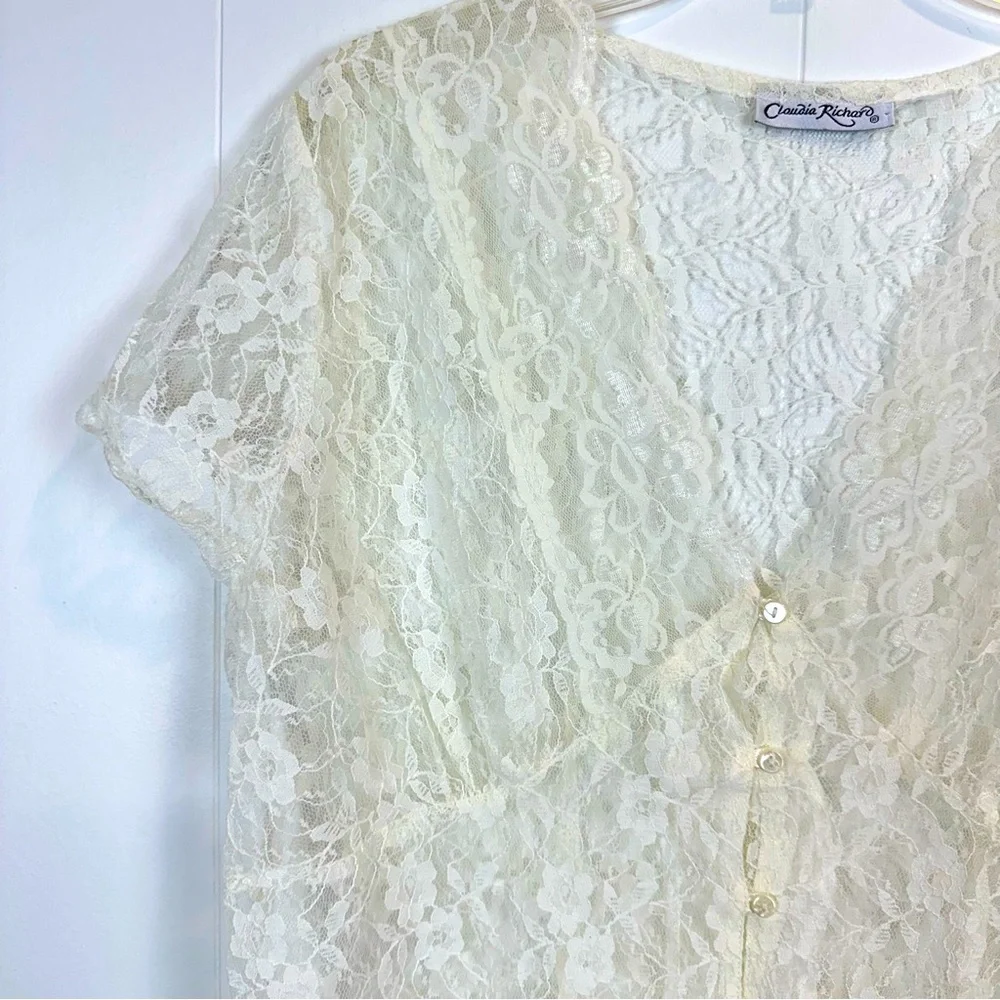 Claudia Richard Sheer Lace Fitted Button Front Short Sleeve Top Women’s Size L - Picture 3 of 9